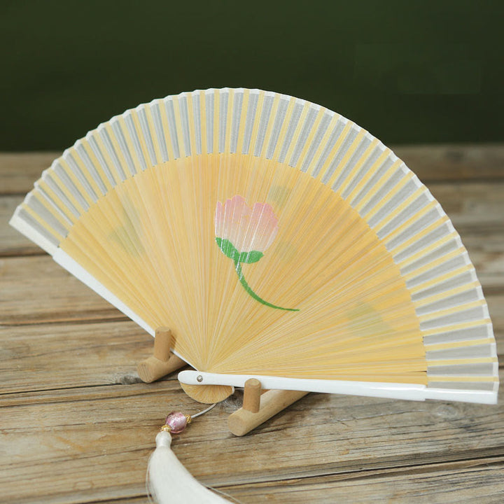 Buddha Stones Peony Flowers Silk Handheld Bamboo Folding Fan - image 8
