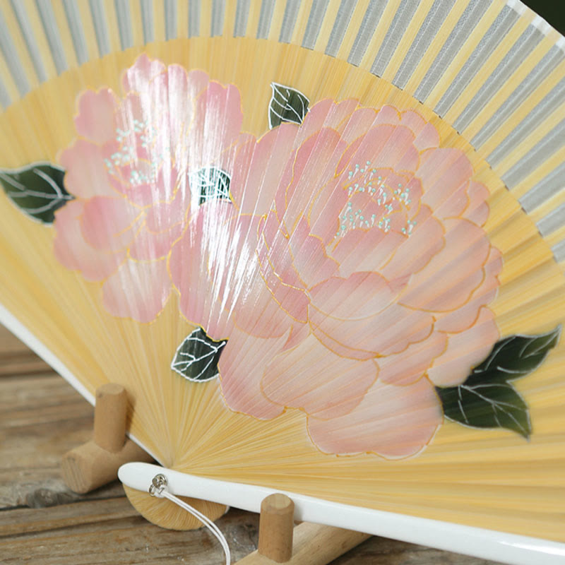 Buddha Stones Peony Flowers Silk Handheld Bamboo Folding Fan - image 9