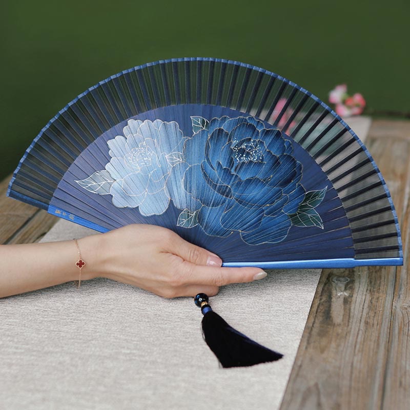 Buddha Stones Peony Flowers Silk Handheld Bamboo Folding Fan - image 3