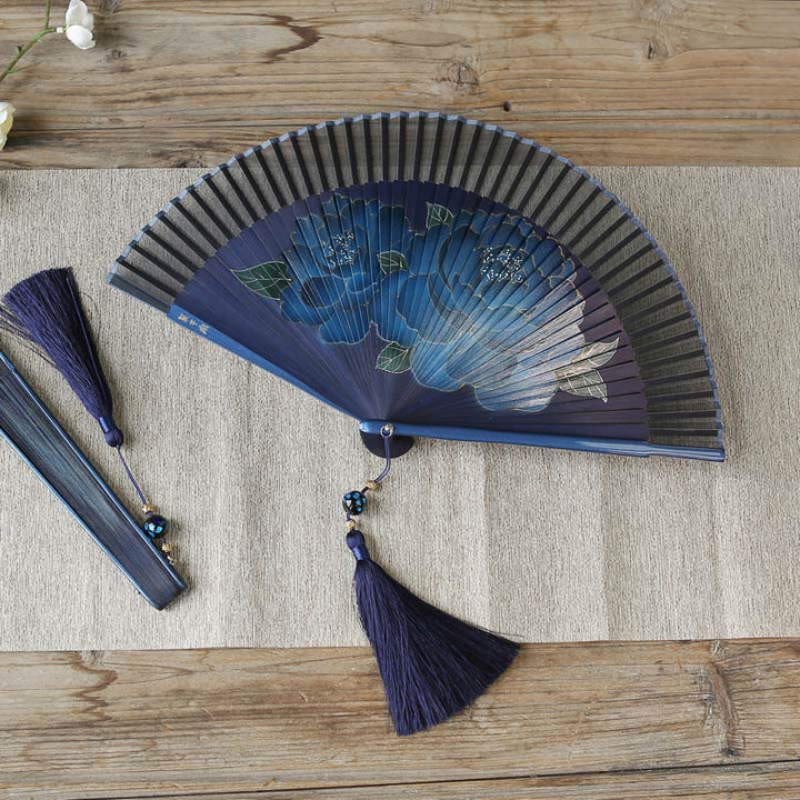 Buddha Stones Peony Flowers Silk Handheld Bamboo Folding Fan - image 2