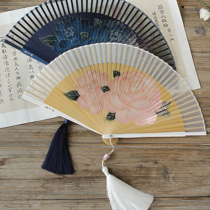 Buddha Stones Peony Flowers Silk Handheld Bamboo Folding Fan - image 12