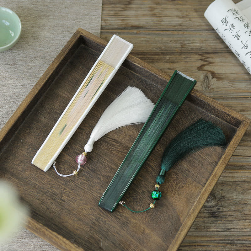 Buddha Stones Peony Flowers Silk Handheld Bamboo Folding Fan - image 17