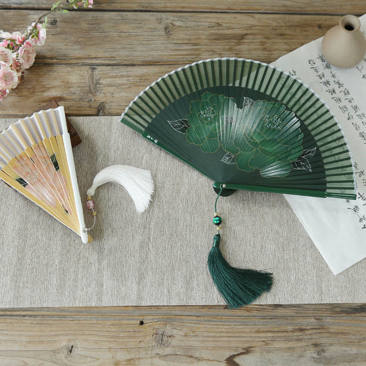 Buddha Stones Peony Flowers Silk Handheld Bamboo Folding Fan - image 15