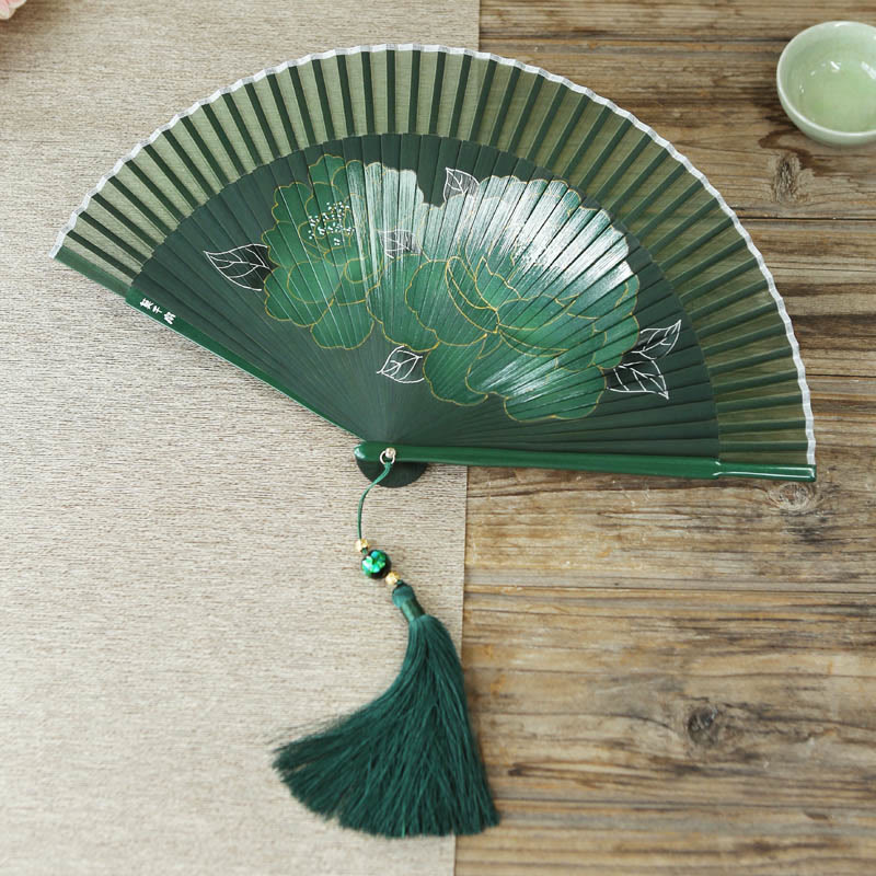 Buddha Stones Peony Flowers Silk Handheld Bamboo Folding Fan - Green Peony 21cm - image 13