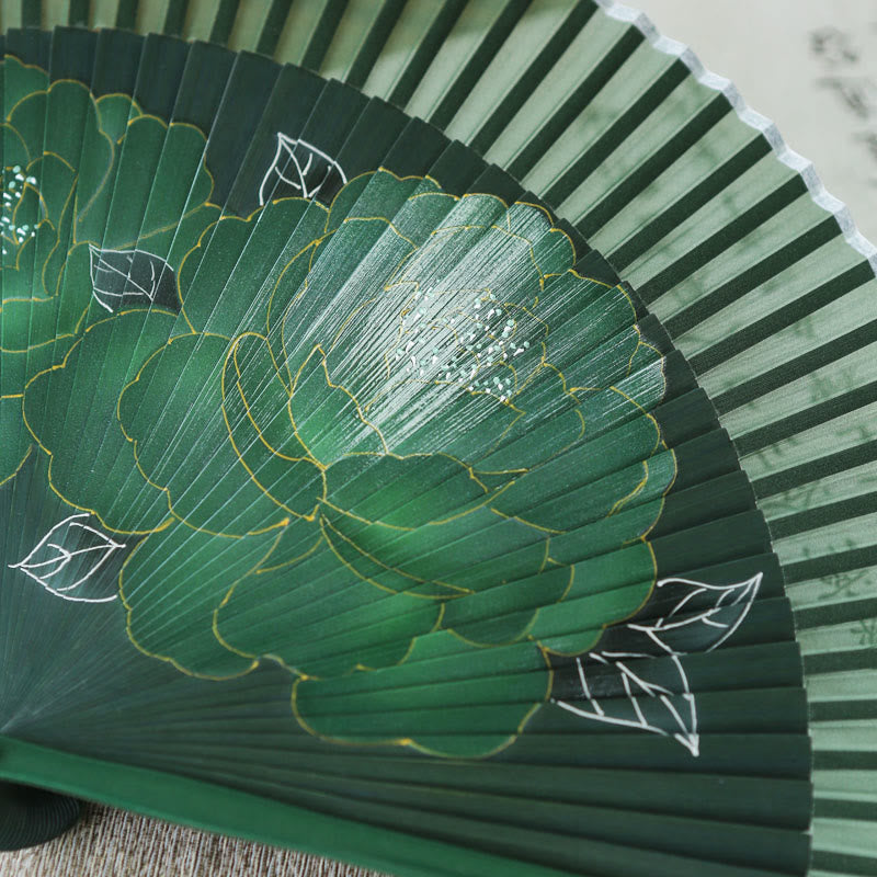 Buddha Stones Peony Flowers Silk Handheld Bamboo Folding Fan - image 14