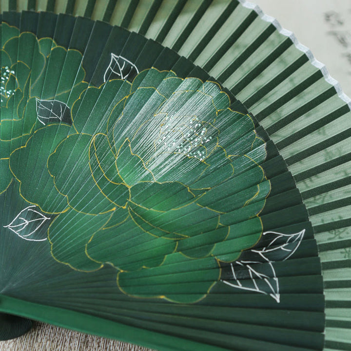 Buddha Stones Peony Flowers Silk Handheld Bamboo Folding Fan - image 14