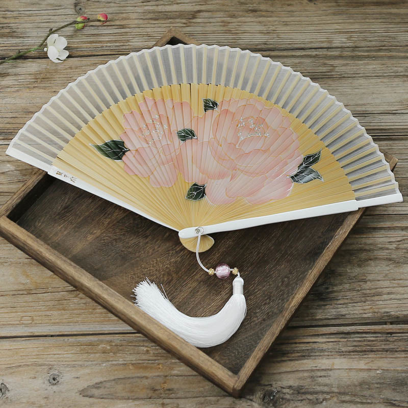 Buddha Stones Peony Flowers Silk Handheld Bamboo Folding Fan - image 7