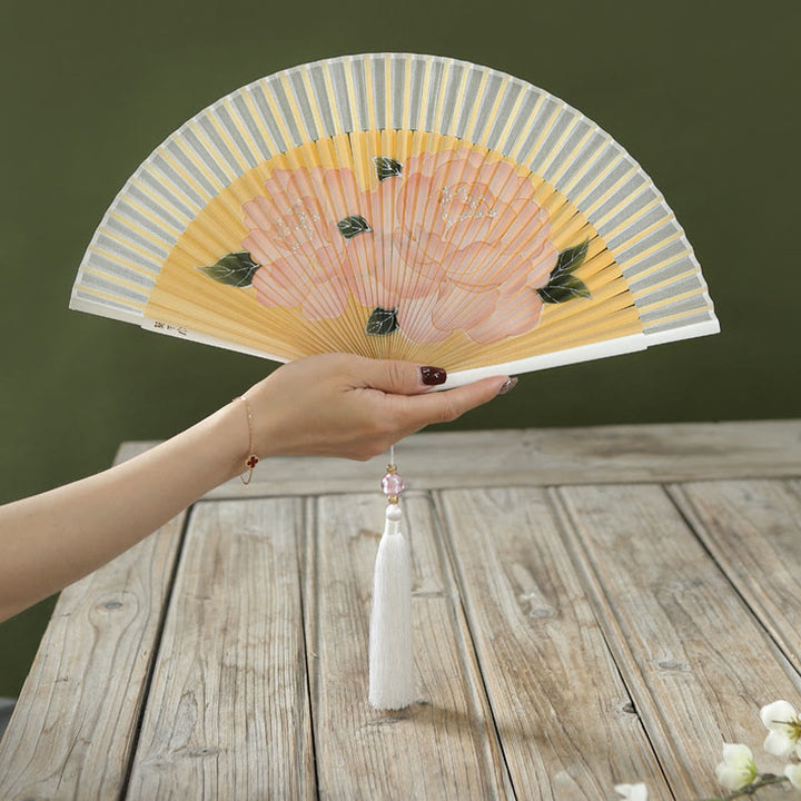 Buddha Stones Peony Flowers Silk Handheld Bamboo Folding Fan - Yellow Peony 21cm - image 6