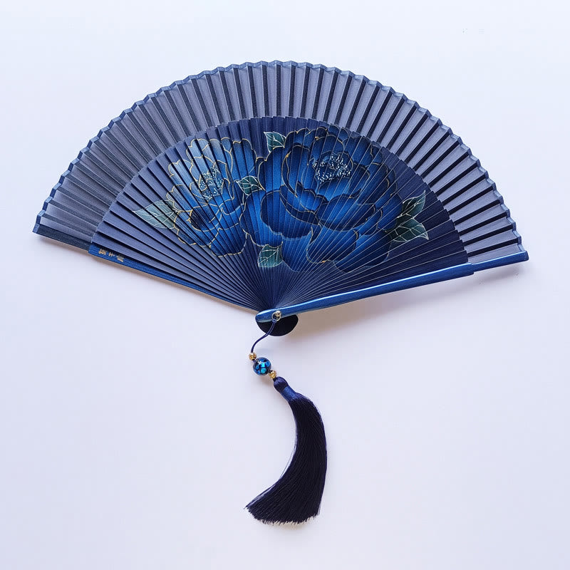 Buddha Stones Peony Flowers Silk Handheld Bamboo Folding Fan - image 1