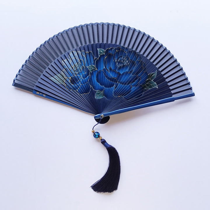 Buddha Stones Peony Flowers Silk Handheld Bamboo Folding Fan - image 1