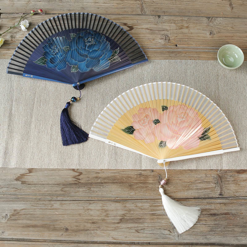 Buddha Stones Peony Flowers Silk Handheld Bamboo Folding Fan - image 11