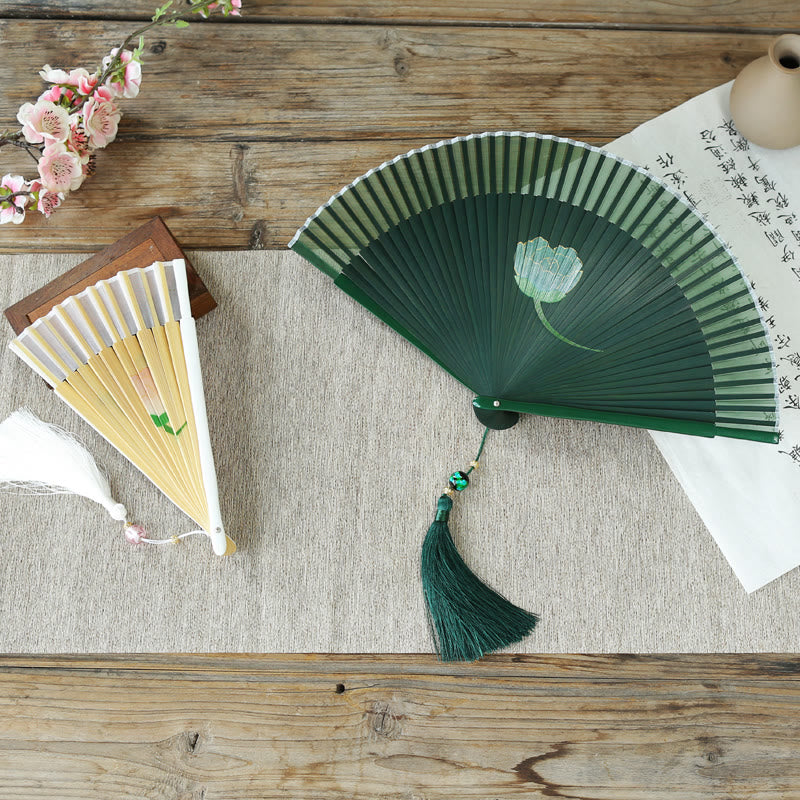 Buddha Stones Peony Flowers Silk Handheld Bamboo Folding Fan - image 16