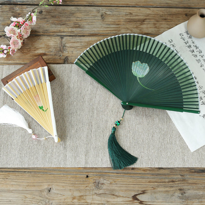 Buddha Stones Peony Flowers Silk Handheld Bamboo Folding Fan - image 16