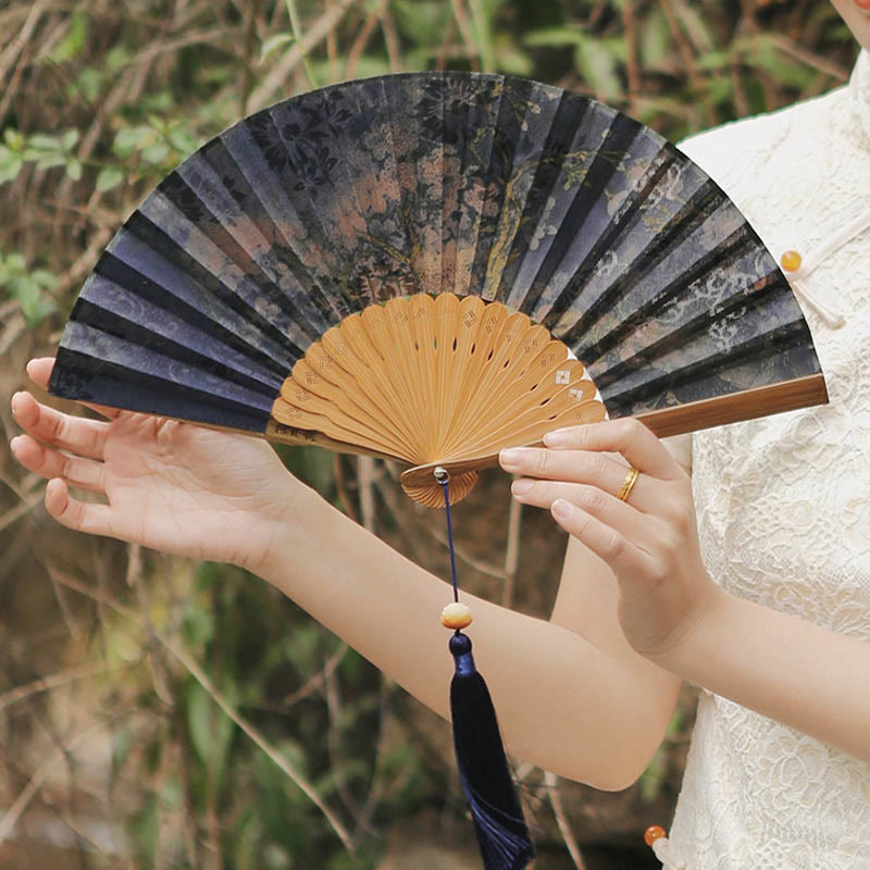 Buddha Stones Flower Persimmon Bamboo Leaves Xiangyunsha Silk Handheld Bamboo Folding Fan - image 4