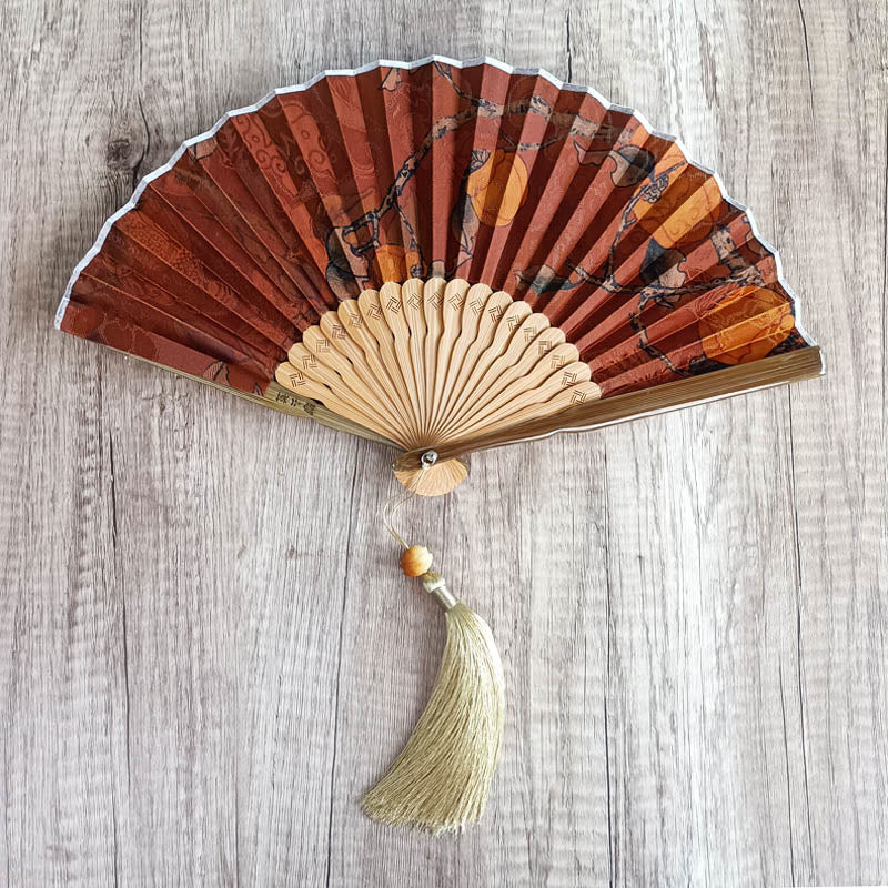 Buddha Stones Flower Persimmon Bamboo Leaves Xiangyunsha Silk Handheld Bamboo Folding Fan - Persimmon 21cm - image 6