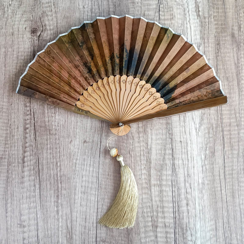 Buddha Stones Flower Persimmon Bamboo Leaves Xiangyunsha Silk Handheld Bamboo Folding Fan - Blooming Flower 21cm - image 10