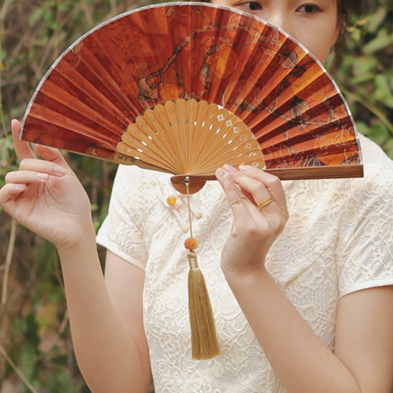 Buddha Stones Flower Persimmon Bamboo Leaves Xiangyunsha Silk Handheld Bamboo Folding Fan - image 8