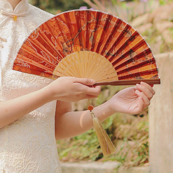 Buddha Stones Flower Persimmon Bamboo Leaves Xiangyunsha Silk Handheld Bamboo Folding Fan - image 7
