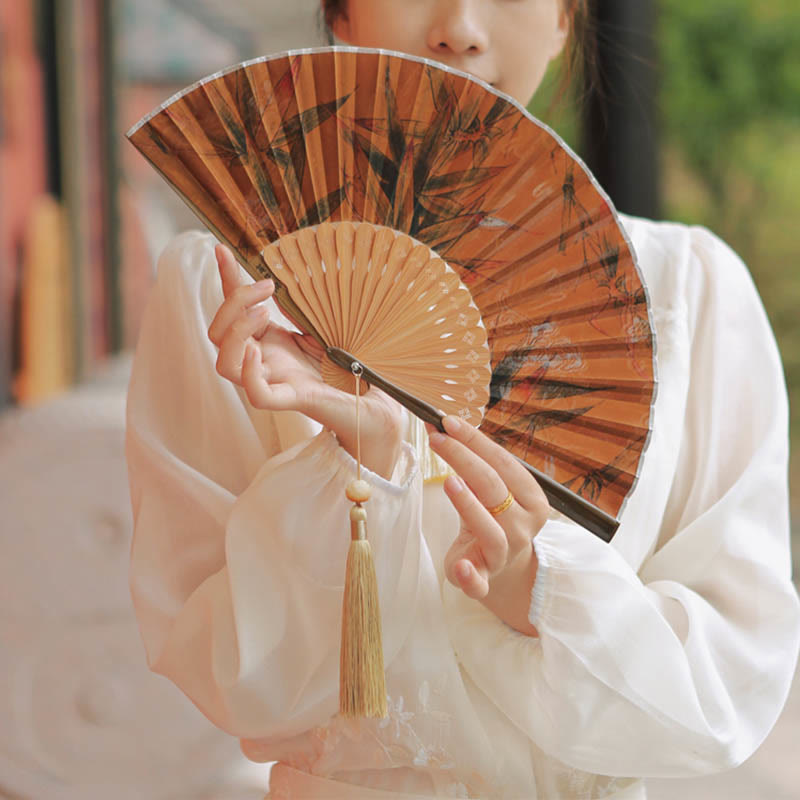 Buddha Stones Flower Persimmon Bamboo Leaves Xiangyunsha Silk Handheld Bamboo Folding Fan - image 13