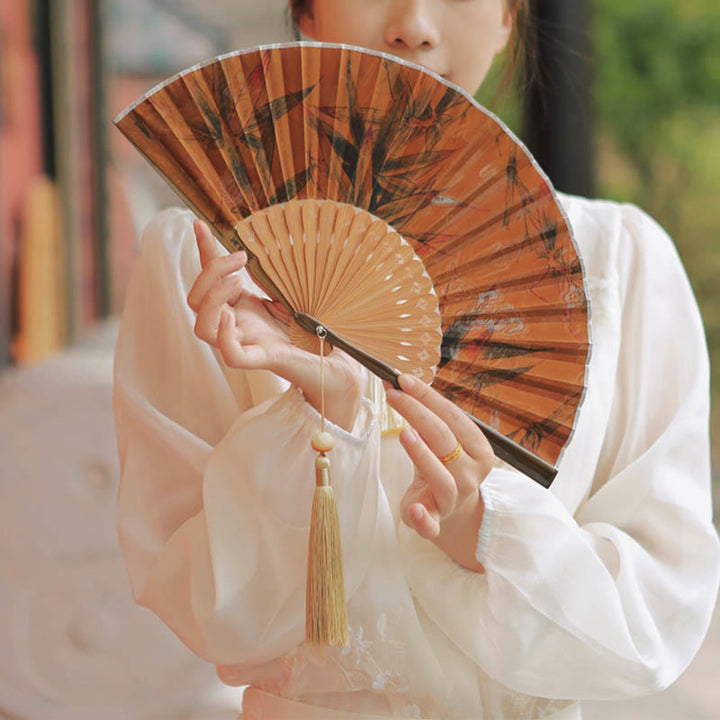 Buddha Stones Flower Persimmon Bamboo Leaves Xiangyunsha Silk Handheld Bamboo Folding Fan - image 13