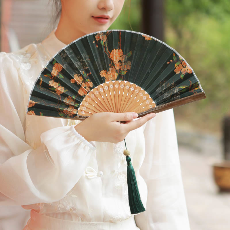 Buddha Stones Flower Persimmon Bamboo Leaves Xiangyunsha Silk Handheld Bamboo Folding Fan - Yellow flower 21cm - image 0