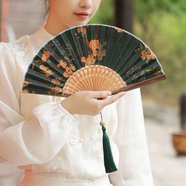 Buddha Stones Flower Persimmon Bamboo Leaves Xiangyunsha Silk Handheld Bamboo Folding Fan - Yellow flower 21cm - image 0