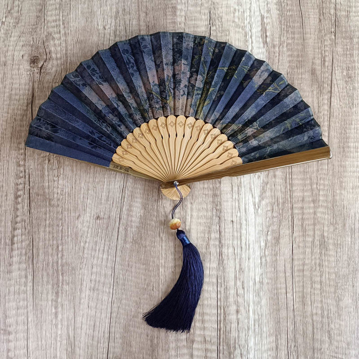 Buddha Stones Flower Persimmon Bamboo Leaves Xiangyunsha Silk Handheld Bamboo Folding Fan - Blooming Blue Purple 21cm - image 2