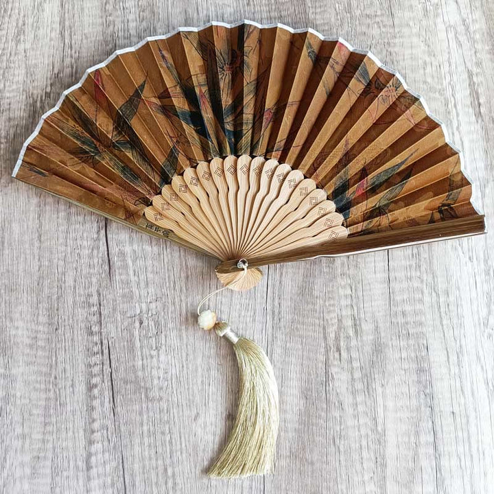 Buddha Stones Flower Persimmon Bamboo Leaves Xiangyunsha Silk Handheld Bamboo Folding Fan - Bamboo Leaf 21cm - image 12