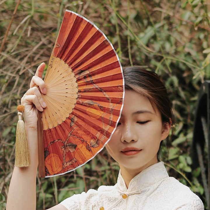 Buddha Stones Flower Persimmon Bamboo Leaves Xiangyunsha Silk Handheld Bamboo Folding Fan - image 9