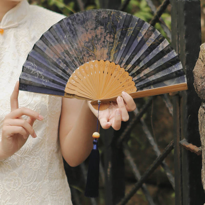 Buddha Stones Flower Persimmon Bamboo Leaves Xiangyunsha Silk Handheld Bamboo Folding Fan - image 3