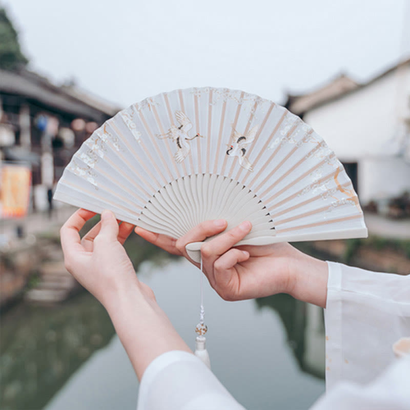 Buddha Stones Crane Plum Blossom Handheld Silk Bamboo Folding Fan - image 5
