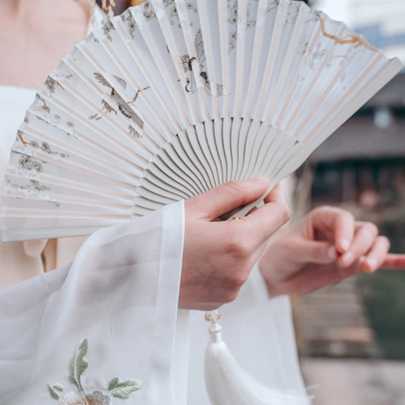 Buddha Stones Crane Plum Blossom Handheld Silk Bamboo Folding Fan - image 2