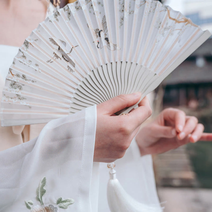 Buddha Stones Crane Plum Blossom Handheld Silk Bamboo Folding Fan - image 2