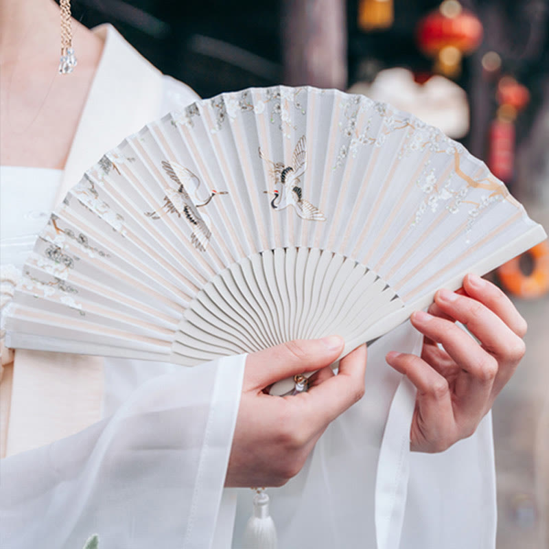 Buddha Stones Crane Plum Blossom Handheld Silk Bamboo Folding Fan - image 0
