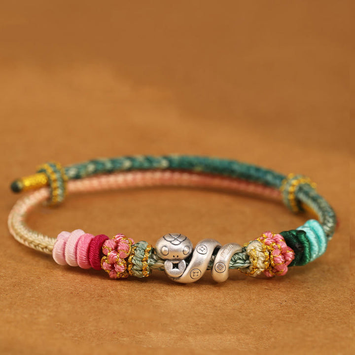 Buddha Stones 999 Sterling Silver Year of the Snake Handmade Copper Coin Protection Braided Bracelet - Green Pink - 18-22cm - image 11