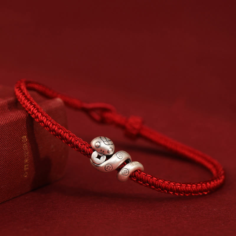 Buddha Stones 999 Sterling Silver Year of the Snake Handmade Copper Coin Protection Braided Bracelet - Red - 18-22cm - image 0