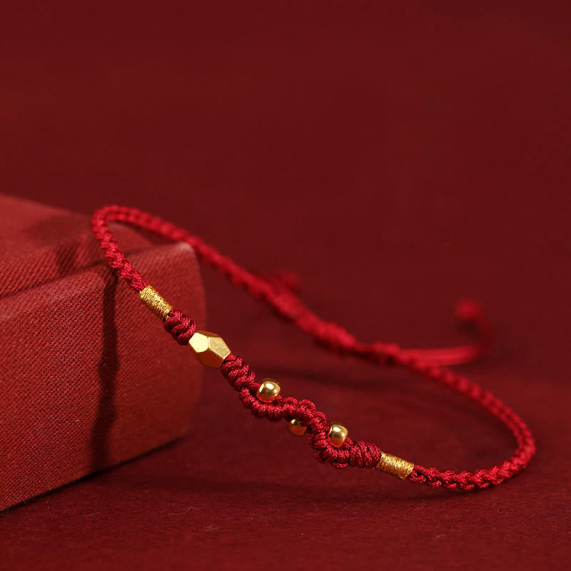 Buddha Stones 999 Gold Year of the Snake Mini Gold Bead Handmade Luck Protection Braided Bracelet - Dark Red(Wrist Circumference 14-18cm) - 999 Gold Mini Three Bead Snake - image 0