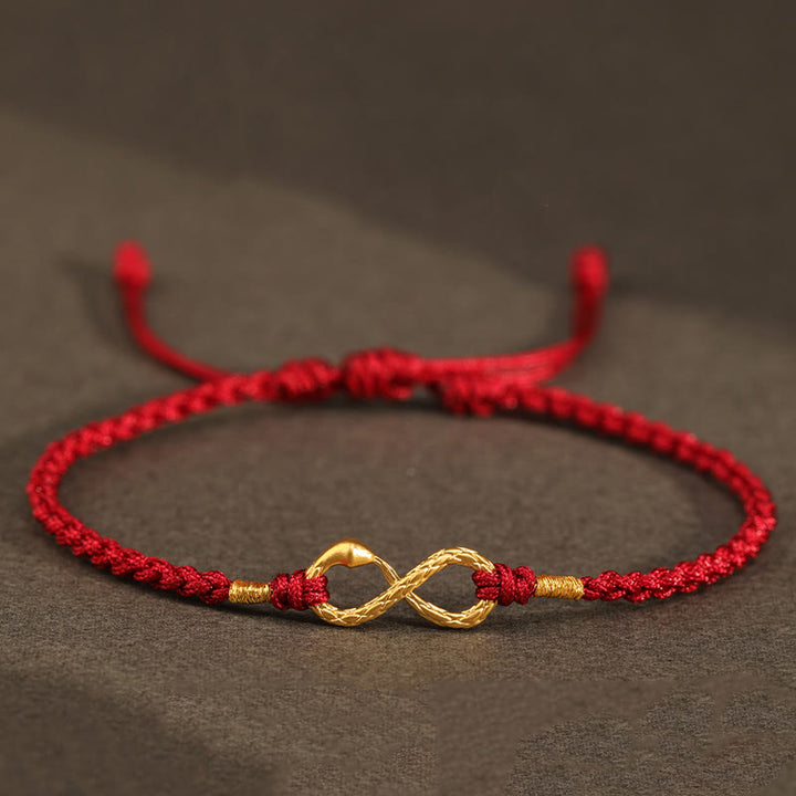Buddha Stones 999 Gold Year of the Snake Eternal Endless Knot Infinity Handmade Luck Bracelet - 999 Gold Snake - Dark Red(Wrist Circumference 14-18cm) - image 0