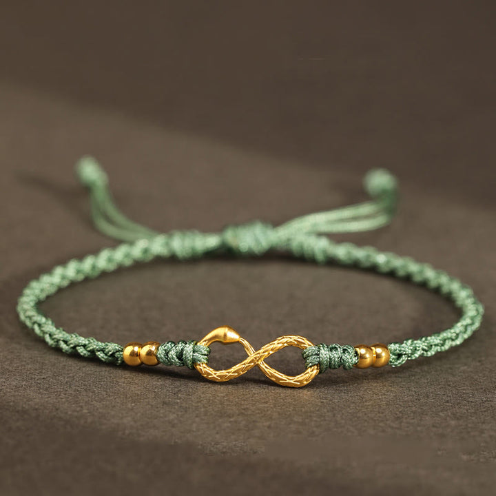 Buddha Stones 999 Gold Year of the Snake Eternal Endless Knot Infinity Handmade Luck Bracelet - 999 Gold Mini Four Bead Snake - Green(Wrist Circumference 14-18cm) - image 21