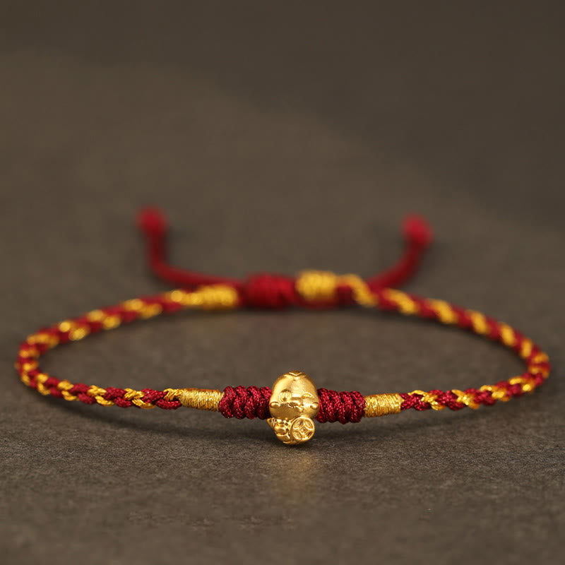 Buddha Stones 999 Gold Year of the Snake Handmade Fu Character Copper Coin Fortune Bracelet - Gold Dark Red(Wrist Circumference 14-18cm) - image 0