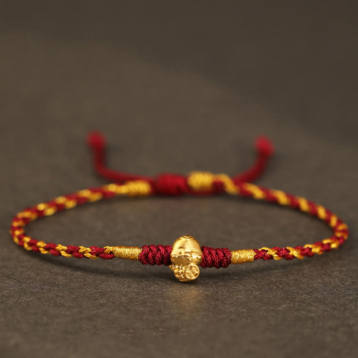 Buddha Stones 999 Gold Year of the Snake Handmade Fu Character Copper Coin Fortune Bracelet - Gold Dark Red(Wrist Circumference 14-18cm) - image 0