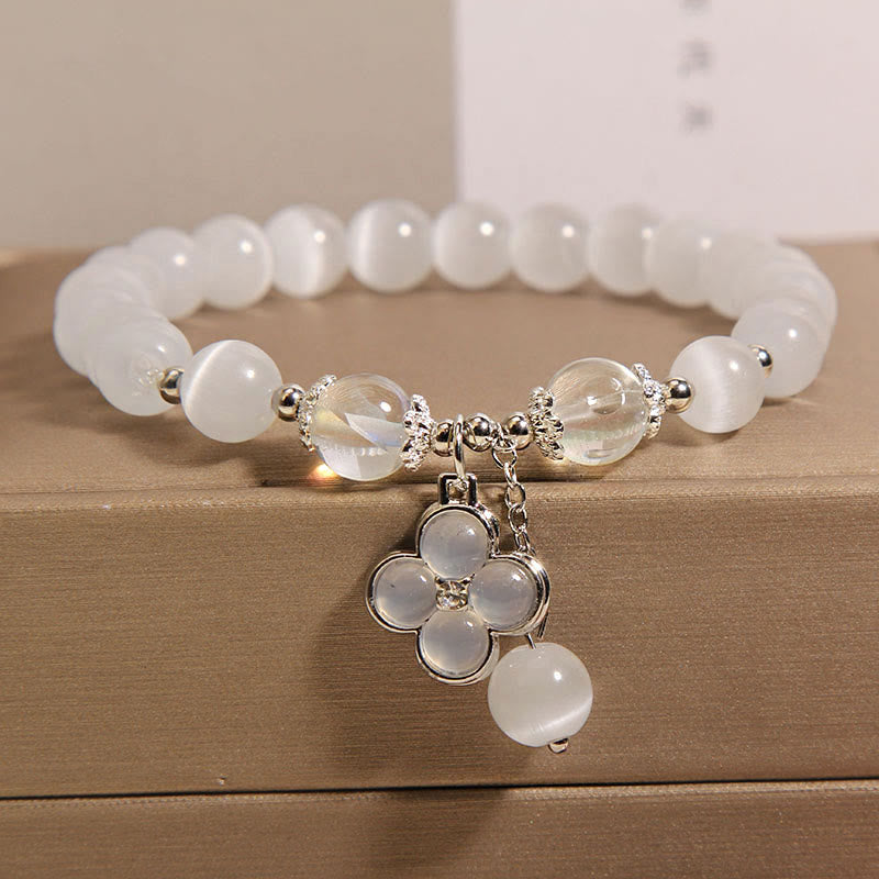 Buddha Stones Cat's Eye Crystal Lucky Four Leaf Clover Charm Love Bracelet - Cat's Eye(Wrist Circumference 14-16cm) - image 0