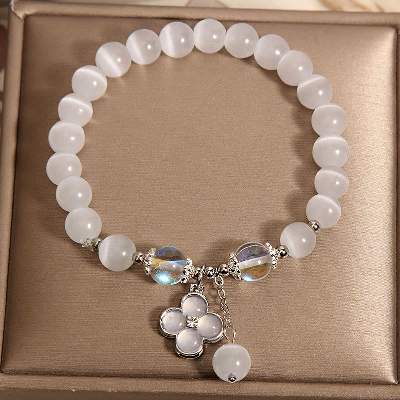 Buddha Stones Cat's Eye Crystal Lucky Four Leaf Clover Charm Love Bracelet - image 1