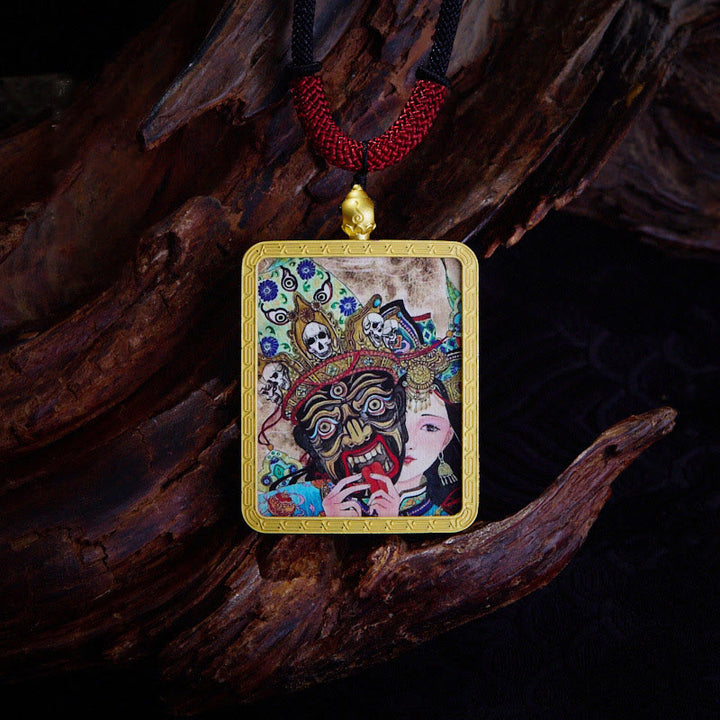 Buddha Stones Tibetan Zakiram Nine Tailed Fox Yellow God of Wealth Painted Thangka Hope Necklace Pendant - Past And Present Life - image 5