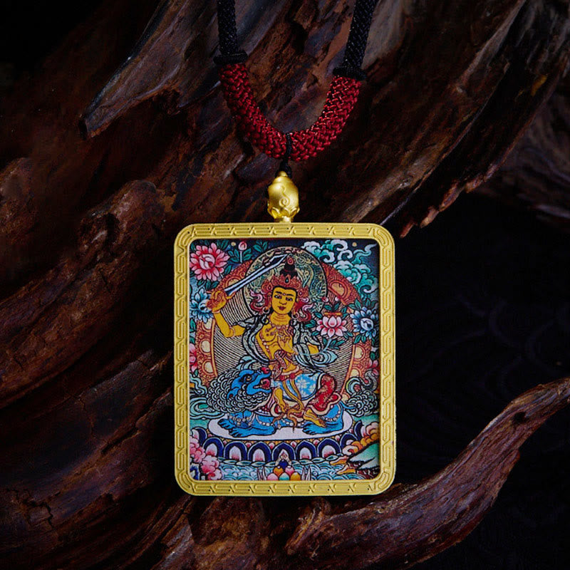 Buddha Stones Tibetan Zakiram Nine Tailed Fox Yellow God of Wealth Painted Thangka Hope Necklace Pendant - Manjusri - image 8
