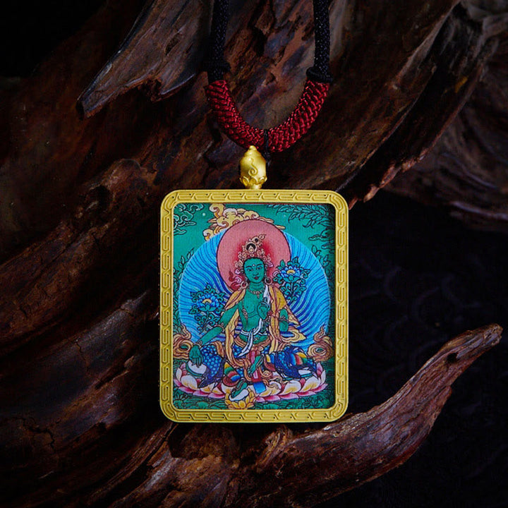 Buddha Stones Tibetan Zakiram Nine Tailed Fox Yellow God of Wealth Painted Thangka Hope Necklace Pendant - Green Tara - image 11