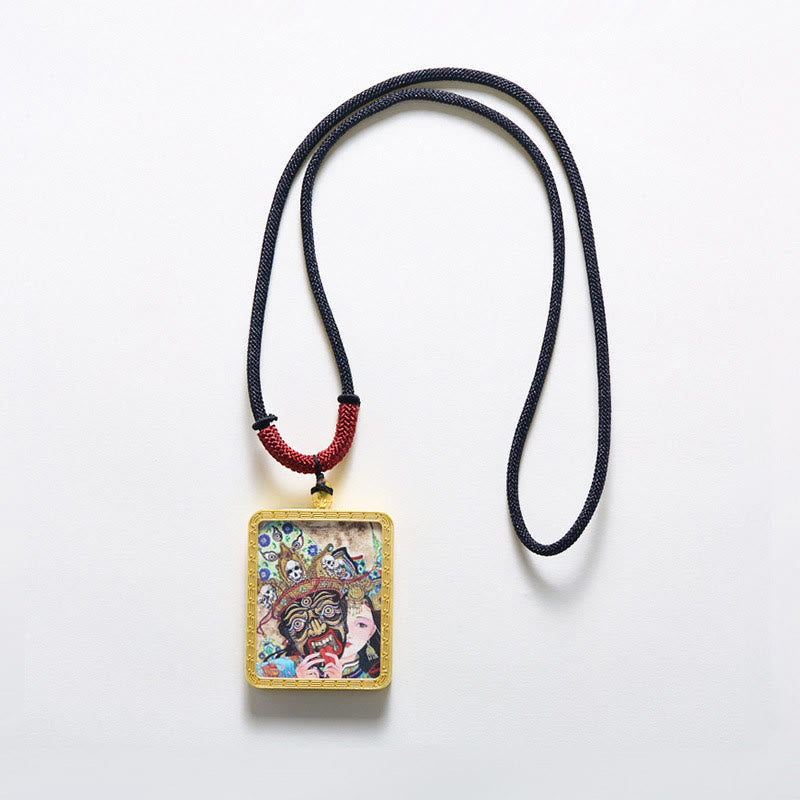 Buddha Stones Tibetan Zakiram Nine Tailed Fox Yellow God of Wealth Painted Thangka Hope Necklace Pendant - image 7
