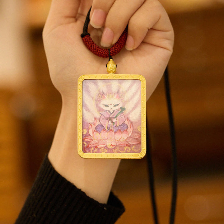 Buddha Stones Tibetan Zakiram Nine Tailed Fox Yellow God of Wealth Painted Thangka Hope Necklace Pendant - image 3