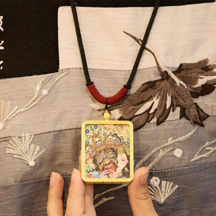 Buddha Stones Tibetan Zakiram Nine Tailed Fox Yellow God of Wealth Painted Thangka Hope Necklace Pendant - image 6