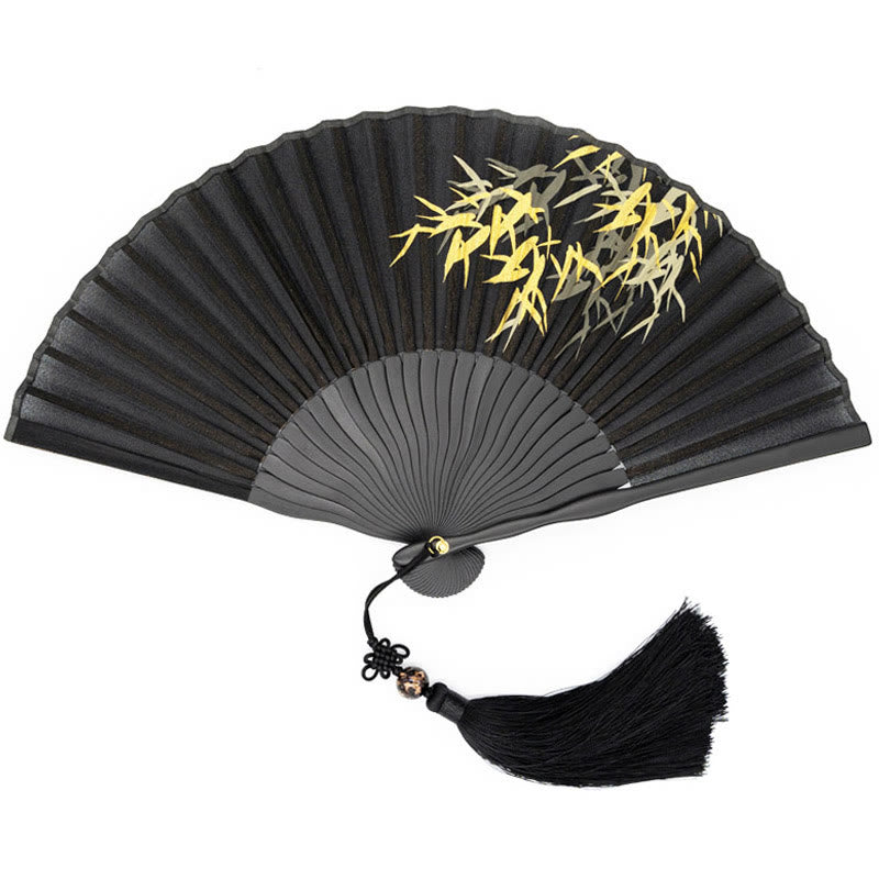 Buddha Stones Black Bamboo Leaf Print Silk Handheld Bamboo Folding Fan - image 2